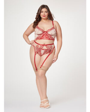 Sheer Stretch Mesh w/Floral Contrast Embroidery Bustier, Garter Belt & Thong Red/Nude 3X/4X by Seven 'til Midnight product image