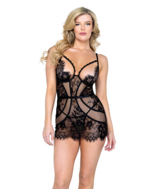 Femme Fatale Scalloped Eyelash Lace & Mesh Chemise & Thong Black SM – Black Small by Roma Confidential product image