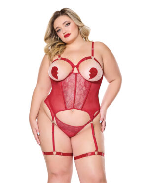 Metallic Stretch Scallop Lace and Mesh Bustier w/Thong – Red LG – Red 1X, 2X by Coquette product image