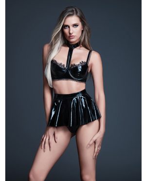 Allure Naughty Nights Latex Look Vinyl and Lace Choker Bra & Mini Skirt 2 pc Set – Black SM by Allure product image