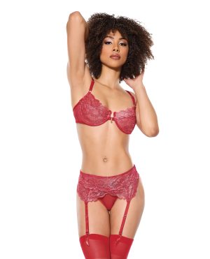 Metallic Stretch Lace Underwire Bra w/Crotchless Garter Panty – Red MD by Coquette product image