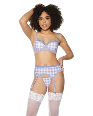 Crystal Pink Buffalo Check Print, Bra, Garter Belt & String Grey/Pink XL by Crystal Pink Collection product image