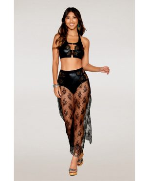 Stretch Faux Leather and Eyelash Lace Bralette w/High-Waisted Panty – Black SM by Dreamgirl product image