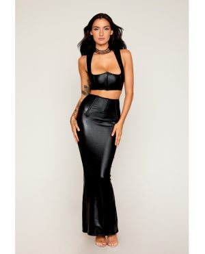 Stretch Faux Leather Harness Bra & Long Slip Skirt – Black MD by Dreamgirl product image