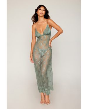 Eyelash Lace & Satin Long Chemise w/G-String – Sage Green XL by Dreamgirl product image