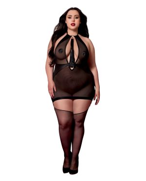 Stretch Mesh and Faux Leather Gartered Chemise w/Removable Flogger – Black QN by Red Diamond product image