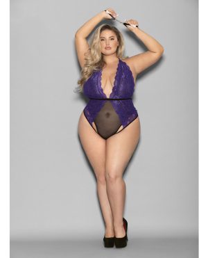 Euphoria Halter Lace & Mesh Teddy w/Wrist Restraints Purple/Black QN by Euphoria product image