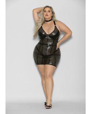 Flame FETISH Mistress Lasercut Lattice Chemise w/Choker & Thong Black 1X/2X