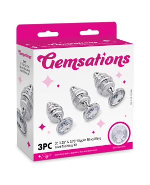 Gemsations 3 pc 2.95″ & 3.25″ & 3.7″ Ripple Bling Bling Metal Butt Plug Training Set – Silver by Gemsations product image