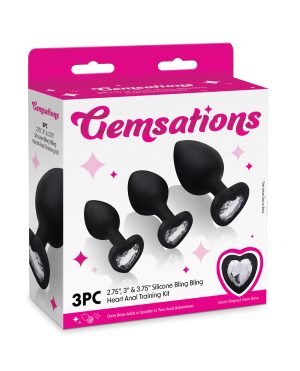 Gemsations 3 pc 2.75″ & 3.15″ & 3.7″ Silicone Bling Bling Heart Butt Plug Training Set – Black by Gemsations product image