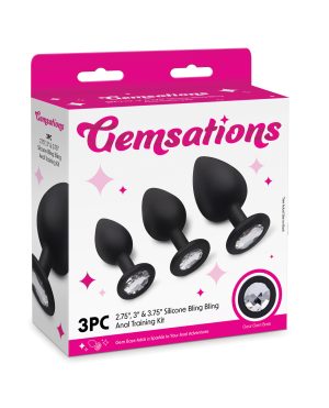 Gemsations 3 pc 2.75″ & 3.15″ & 3.7″ Silicone Bling Bling Butt Plug Training Set – Black by Gemsations product image