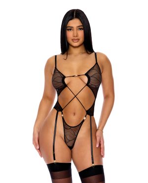 Pull My Strings Sheer Mesh Teddy w/Garters & Faux Pearl Details – Black MD by Forplay product image
