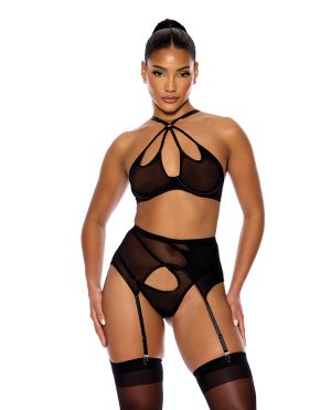 Feeling Butterflies Mesh Halterneck Bra w/Garter & Panty – Black SM by Forplay product image