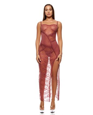 Patch of Petals Sheer Mesh and Lace Gown w/Thong 2 pc Set - Mauve SM