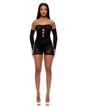 Cross Your Mind Romper Bodystocking w/Rhinestone Details & Gloves 2 pc Set – Black O/S by Forplay product image