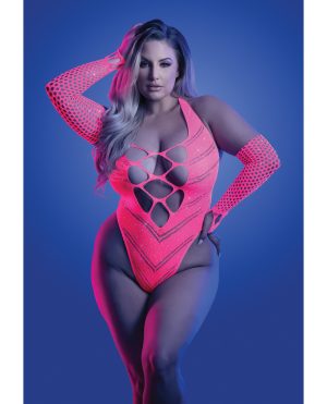 Glow Flashback Black Light Reactive Rhinestone Teddy w/Gloves (or Leg Warmers) – Neon Pink QN by Glow by Fantasy Lingerie product image