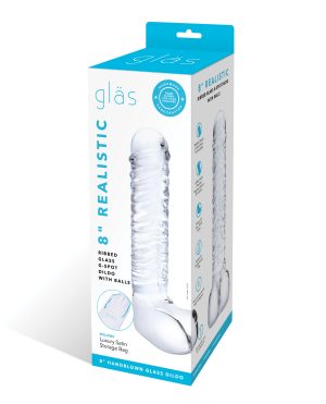 Glas 8″ Realistic Ribbed Glass G-Spot Dildo w/Balls – Clear by Glas product image