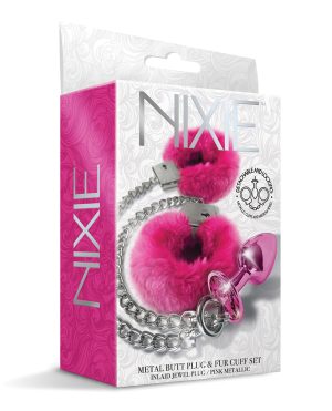 Nixie Metal Butt Plug w/Inlaid Jewel & Fur Cuff Set – Pink Metallic by Nixie product image