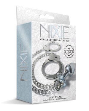 Nixie Metal Butt Plug w/Inlaid Jewel & Fur Cuff Set – Silver Metallic by Nixie product image