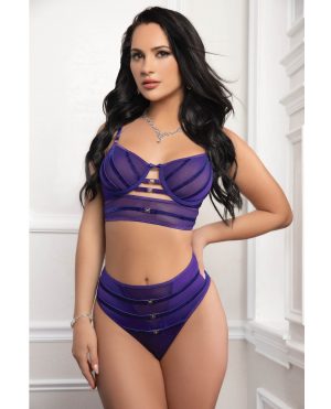 Mesh Underwire Bra 2 pc Set with Velour Accents – Purple O/S by G World product image