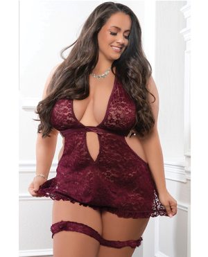 Apron Style Halter Mini Dress w/Thong & Lace Garters - Burgundy QN