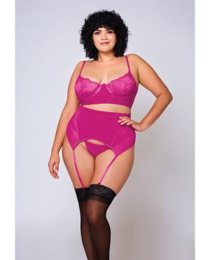 Soft Lace Bra, High Waist Satin & Mesh Garterbelt & G-String Fuchsia 1X by iCollection Lingerie product image