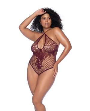 Floral Convertible Top Fishnet Bodysuit – Burgundy QN by Mapale product image