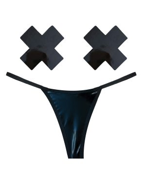 Neva Nude Naughty Knix Dom Squad Wet Vinyl G-String & Pasties – Black O/S by Neva Nude product image