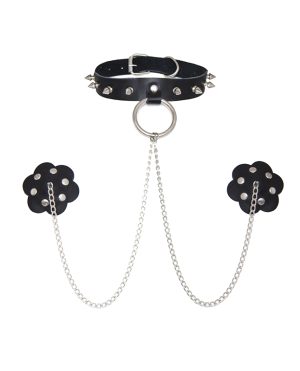 Neva Nude Burlesque Slave 4 U Chain Neck Choker Leather Reusable Silicone Pasties – Black O/S by Neva Nude product image