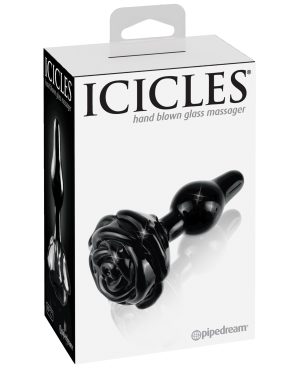 Icicles No. 77 Hand Blown Glass Rose Butt Plug – Black by Icicles product image