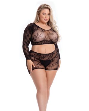 Pink Lipstick Leaf it to Me Long Sleeve Crop Top & Short Black QN by Pink Lipstick product image