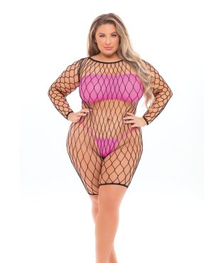 Pink Lipstick Dance With Me Large Fishnet Romper, Bandeau Top & G-String (Fits up to 3X) Neon Pink QN by Pink Lipstick product image