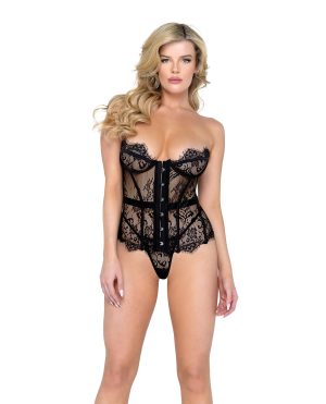 Fantasy Scalloped Eyelash Lace Bustier & Thong Black XL by Roma Confidential product image