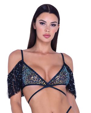 Sequin Fishnet Fringe Top – Black/Multi MD by Roma Confidential product image