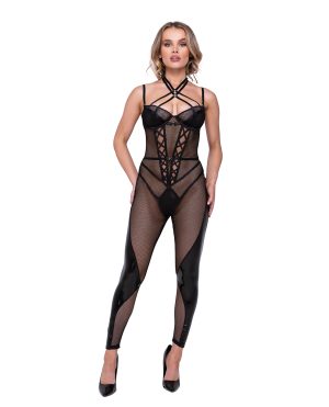 Flirty Fetish Fishnet & Faux Leather Catsuit w/Satin Trim Black SM by Roma Confidential product image