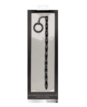 Shots Ouch Urethral Sounding Silicone Plug & Cock Ring Set – Black by Ouch product image