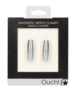 Shots Ouch Sensual Cylinder Magnetic Nipple Clamps – Silver by Ouch product image