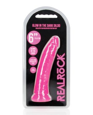 Shots RealRock 6″ Slim Dildo Glow in the Dark – Neon Pink by RealRock product image