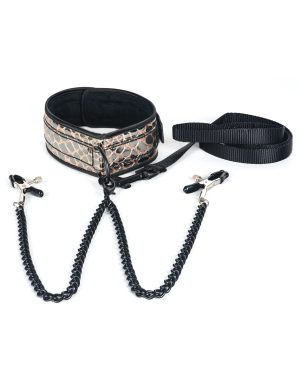 Spartacus Faux Leather Collar & Leash w/Black Nipple Clamps – Gold by Spartacus product image