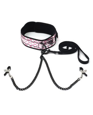 Spartacus Faux Leather Collar & Leash w/Black Nipple Clamps – Pink by Spartacus product image
