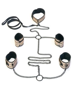 Spartacus Faux Leather Collar to Wrist & Ankle Restraints Bondage Kit w/Leash – Gold by Spartacus product image