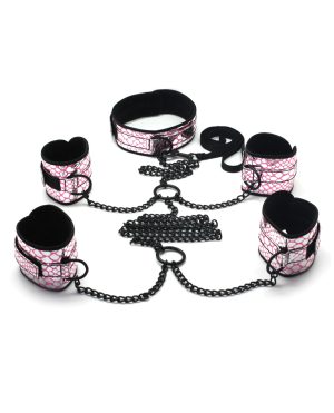 Spartacus Faux Leather Collar to Wrist & Ankle Restraints Bondage Kit w/Leash – Pink by Spartacus product image