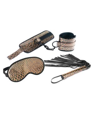 Spartacus Faux Leather Wrist Restraints Blindfold & Flogger Bondage Kit – Gold by Spartacus product image