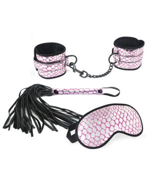 Spartacus Faux Leather Wrist Restraints Blindfold & Flogger Bondage Kit – Pink by Spartacus product image