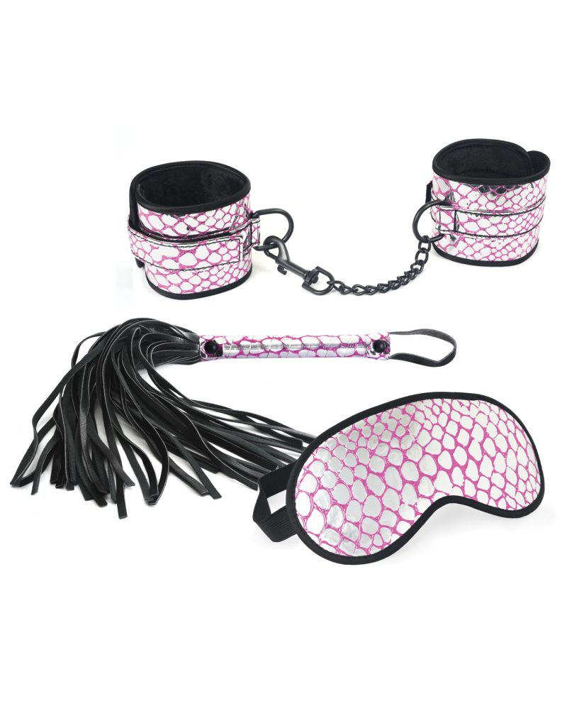 SPU-115PK Spartacus Faux Leather Wrist Restraints Blindfold & Flogger Bondage Kit – Pink by Spartacus product image