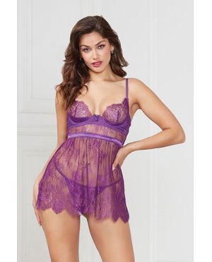 Floral Eyelash Lace Underwire Babydoll w/Thong 2 pc Set – Purple MD by Seven 'til Midnight product image