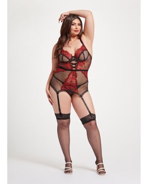 Floral Embroidered Lace Chemise w/Adjustable Garters & Thong Black/Red 3X/4X by Seven 'til Midnight product image