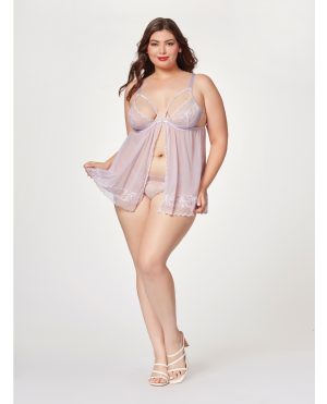 Sheer Mesh & Lace Demi Cup Babydoll & Thong Lavender 3X/4X by Seven 'til Midnight product image
