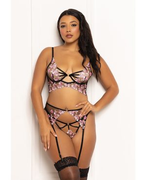 Floral Lace and Mesh Long Line Underwire Bra w/Garter & G-String - Black/Pink LG