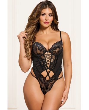 Cross-Dye Lace and Mesh Underwire Teddy w/Hook and Eye Back Closure - Black XL